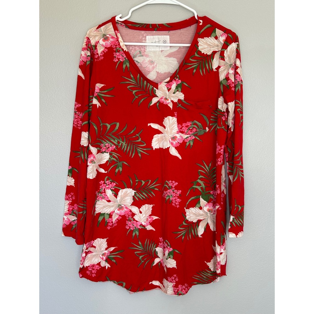 The cats PJ red Flora Festiva Pima Knit Long-Sleeved Sleep Shirt medium summer